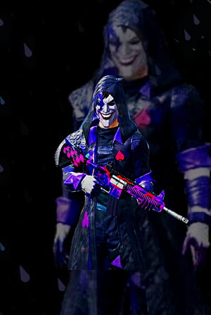Joker Fortnite Skin Character Holding Weapon in Dark Purple Atmosphere HD phone wallpaper