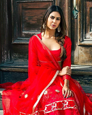 Sonam Bajwa in a vibrant red embroidered lehenga with gold detailing against a rustic wooden backdrop HD phone wallpaper