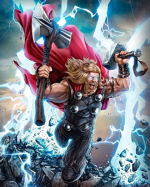 Thor Wielding Stormbreaker and Mjolnir in Dynamic Comic Book Artwork HD phone wallpaper