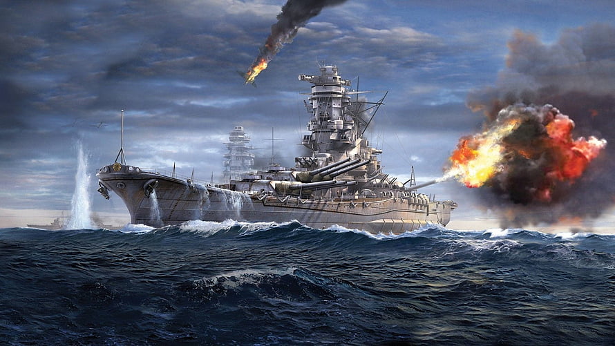 IJN Yamato Battleship Firing Main Guns Amidst Naval Combat and Explosions HD wallpaper