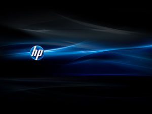 HP Logo on Dark Blue Abstract Background with Glowing Light Streaks HD wallpaper