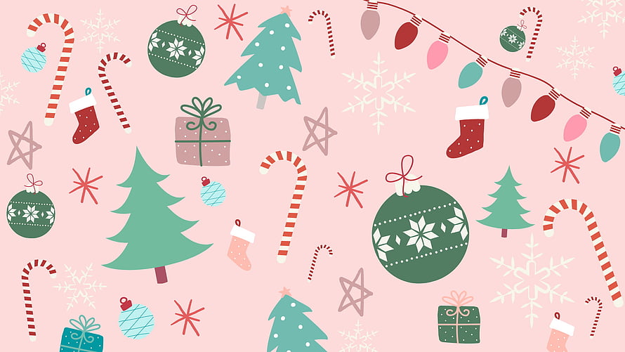 Cute Pastel Christmas Pattern with Candy Canes, Trees, and Ornaments on Pink Background HD wallpaper
