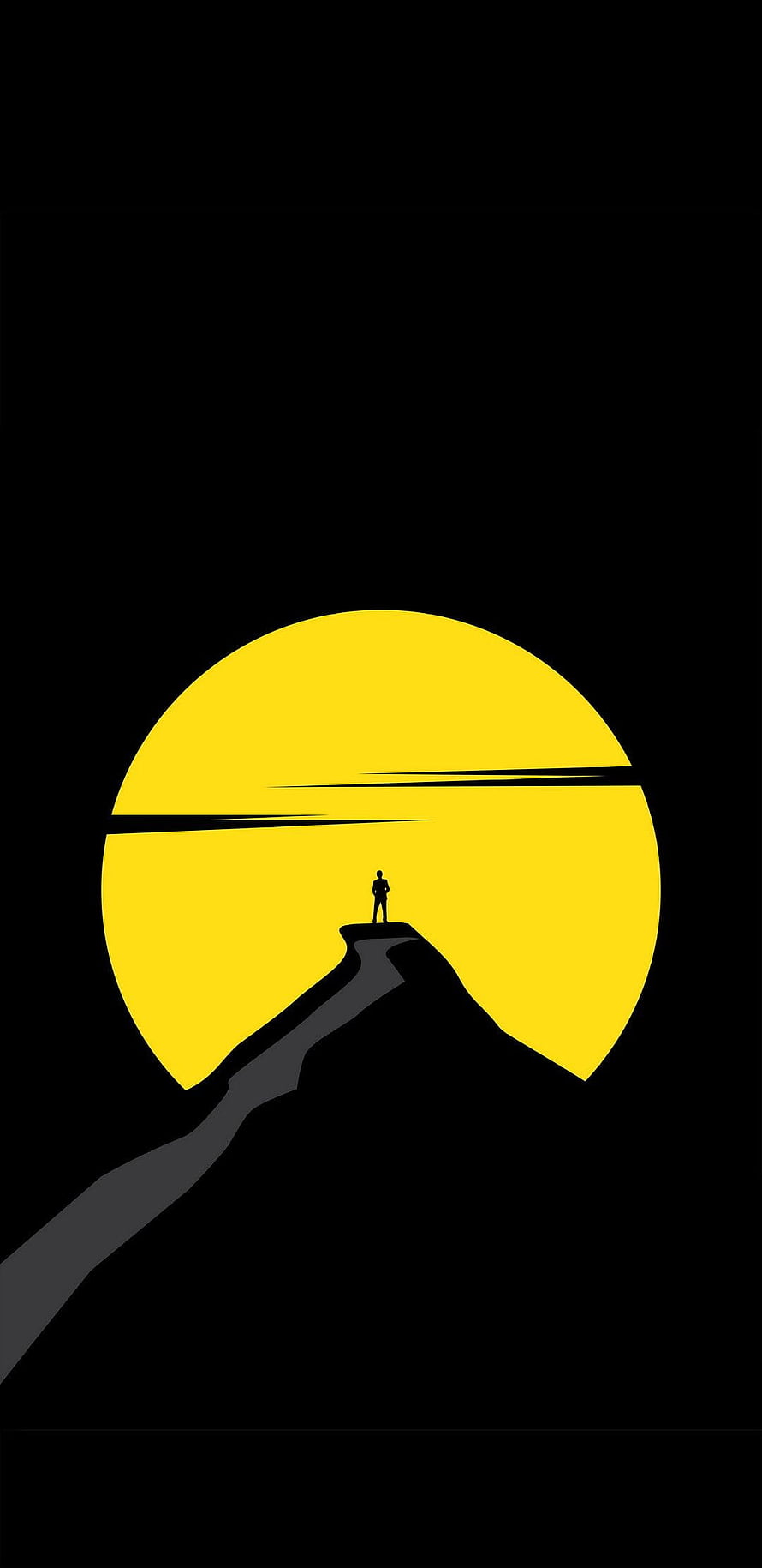Minimalist Silhouette of a Person Standing on a Cliff Against a Giant Yellow Sun HD phone wallpaper