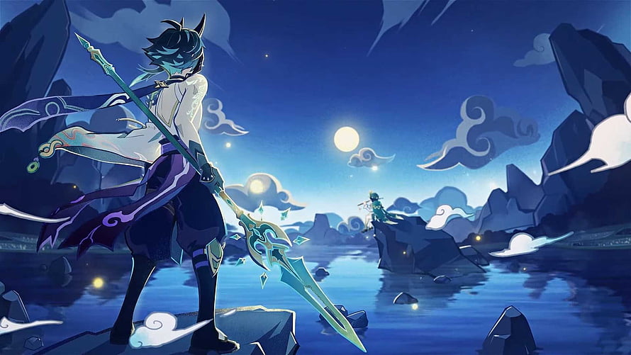 Xiao and Venti Gazing at the Moon in Genshin Impact Night Landscape HD wallpaper