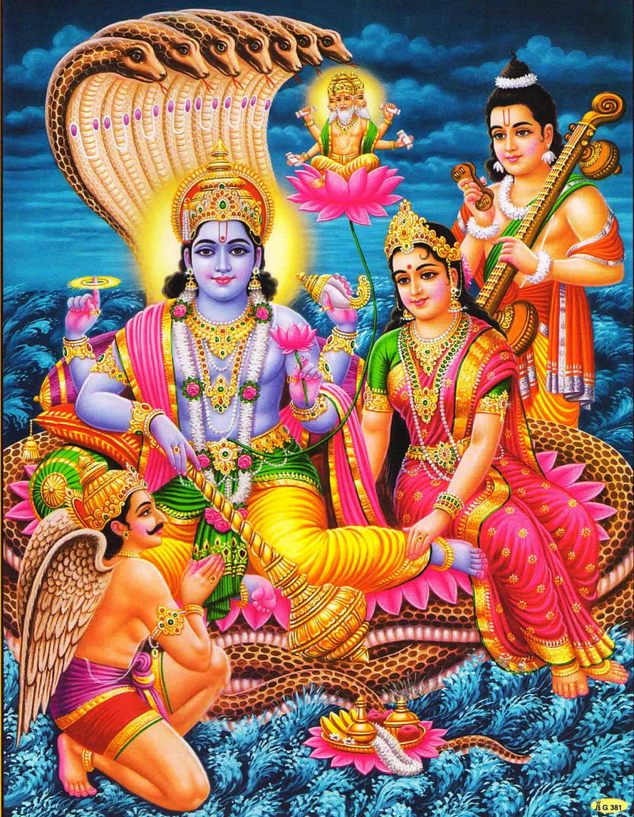 Lord Vishnu resting on the serpent Shesha with Lakshmi and Narada in traditional Hindu mythology art HD phone wallpaper