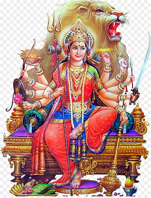 Goddess Durga with Lion and Multiple Weapons on Ornate Throne HD phone wallpaper