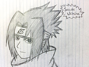 Sasuke Uchiha Pencil Sketch on Lined Paper with Handwritten Name Label HD wallpaper