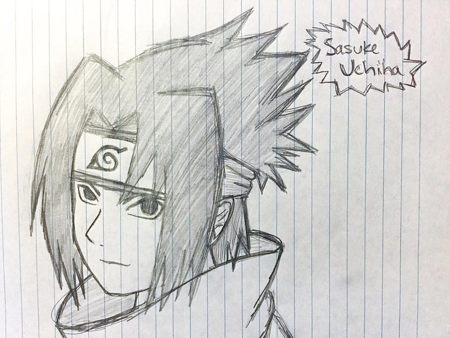 Sasuke Uchiha Pencil Sketch on Lined Paper with Handwritten Name Label HD wallpaper