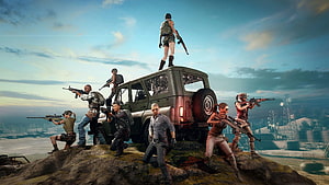 PlayerUnknowns Battlegrounds Squad Grouping on Military Vehicle in Open Battlefield HD wallpaper