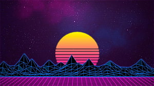Retro Synthwave Sunset with Neon Grid and Wireframe Mountains HD wallpaper