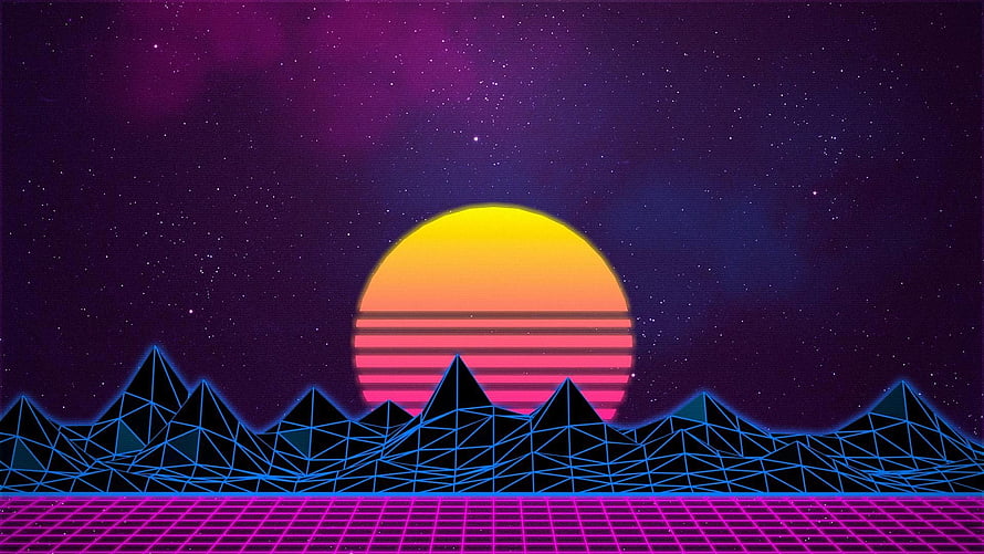 Retro Synthwave Sunset with Neon Grid and Wireframe Mountains HD wallpaper