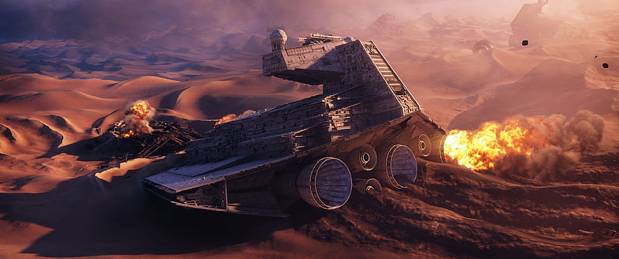 Star Wars AT-AT Walker Crashing Through Desert Dunes Amid Explosions HD wallpaper