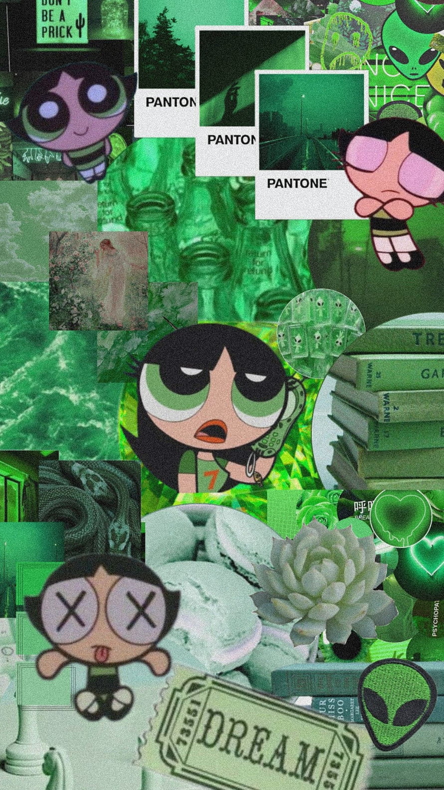Green Powerpuff Girls Aesthetic Collage with Buttercup, Alien, and Y2K Elements HD phone wallpaper