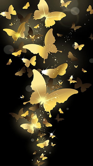 Golden Butterflies Flying in a Magical Glowing Swarm on Black Background HD phone wallpaper