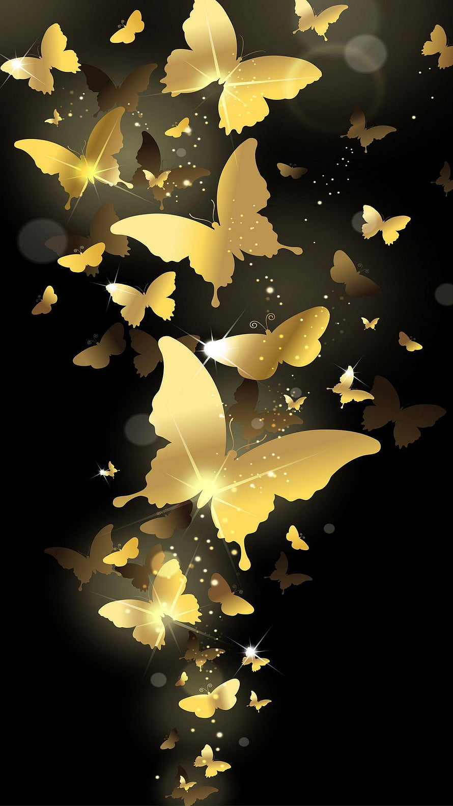Golden Butterflies Flying in a Magical Glowing Swarm on Black Background HD phone wallpaper