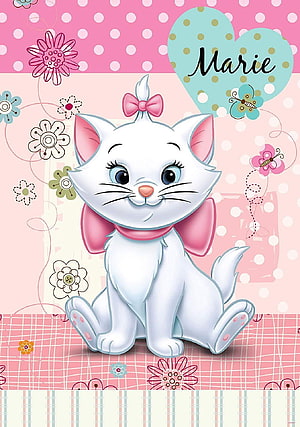 Marie from The Aristocats in a Cute Pink Floral Illustration with Bow and Heart HD phone wallpaper