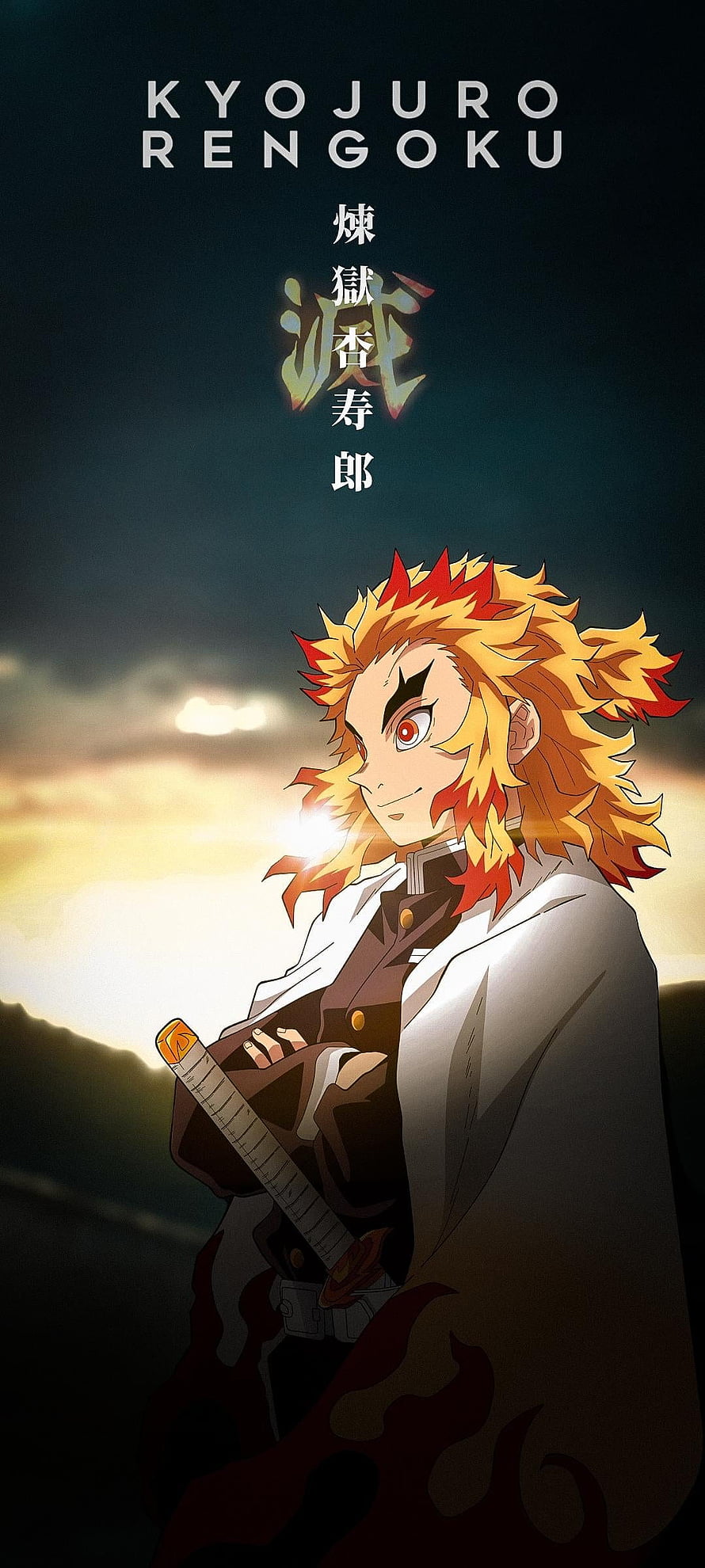 Kyojuro Rengoku from Demon Slayer Anime Standing with Sword at Sunset HD phone wallpaper