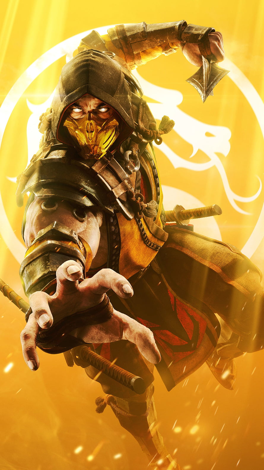 Scorpion from Mortal Kombat 11 in a dynamic combat pose with glowing eyes and golden background HD phone wallpaper