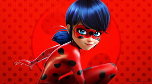 Ladybug in red polka-dot costume crouching against a vibrant red dotted background HD wallpaper