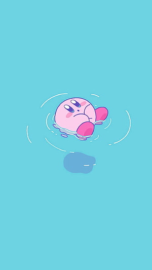 Kirby Floating in Water with a Bored Expression on a Pastel Blue Background HD phone wallpaper