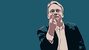 Linus Torvalds Stylized Portrait with Finger Gesture on Teal Background HD wallpaper