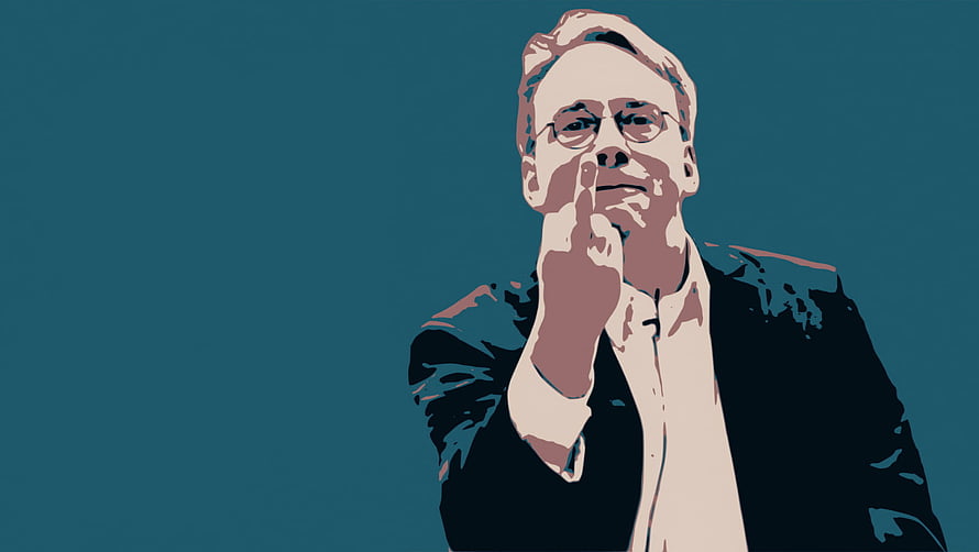 Linus Torvalds Stylized Portrait with Finger Gesture on Teal Background HD wallpaper