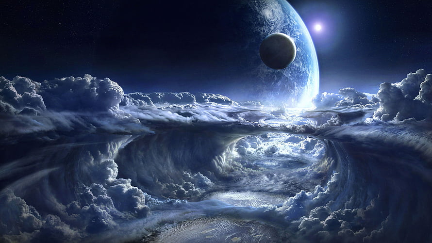Ethereal Sci-Fi Landscape Featuring Swirling Clouds and Distant Planets HD wallpaper