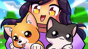Aphmau Cartoon Character Holding Corgi Dog And Kitten In Minecraft Landscape HD wallpaper