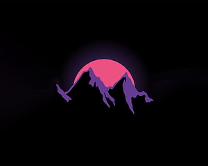 Minimalist Purple Mountain Silhouette Against a Pink Sun on a Black Background HD wallpaper