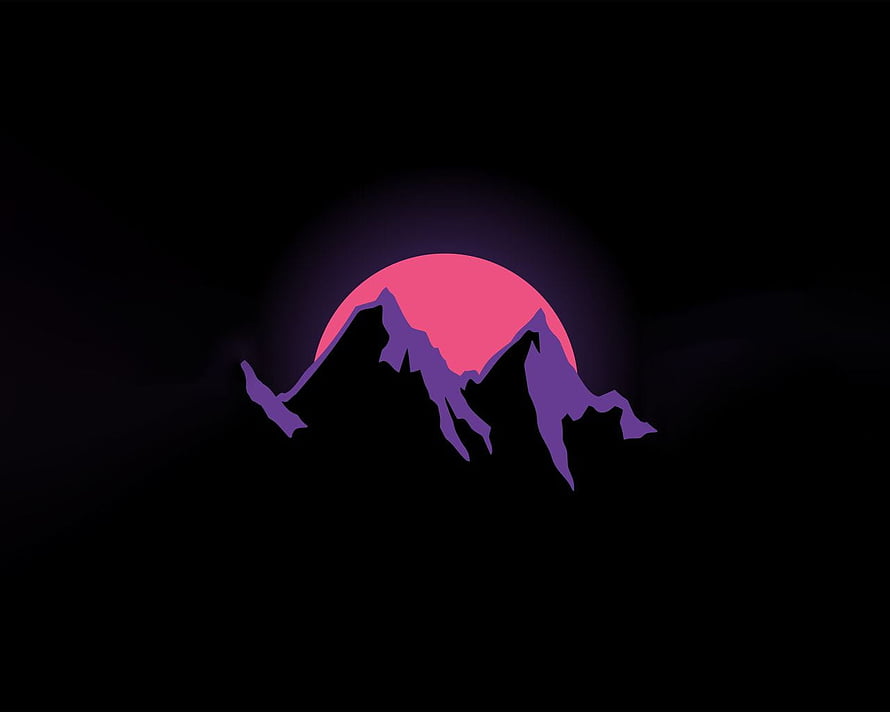 Minimalist Purple Mountain Silhouette Against a Pink Sun on a Black Background HD wallpaper