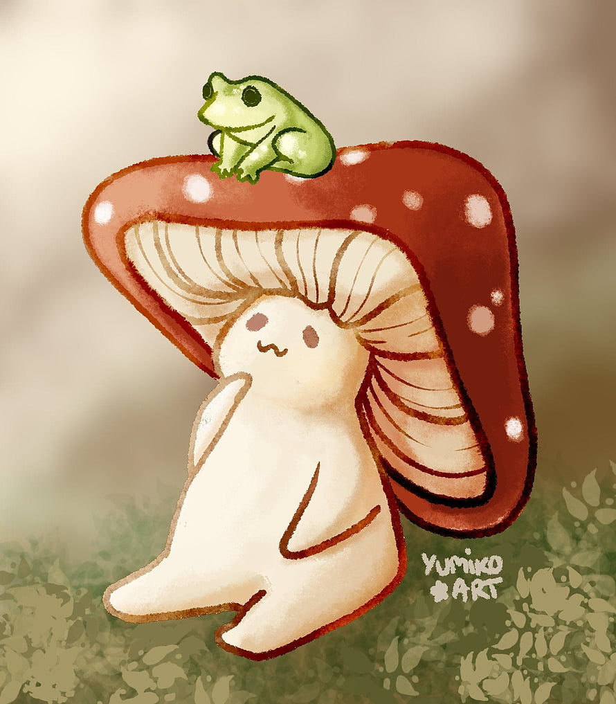 Cute Kawaii Frog Perched on a Giant Mushroom Character in Soft Watercolor Style HD phone wallpaper