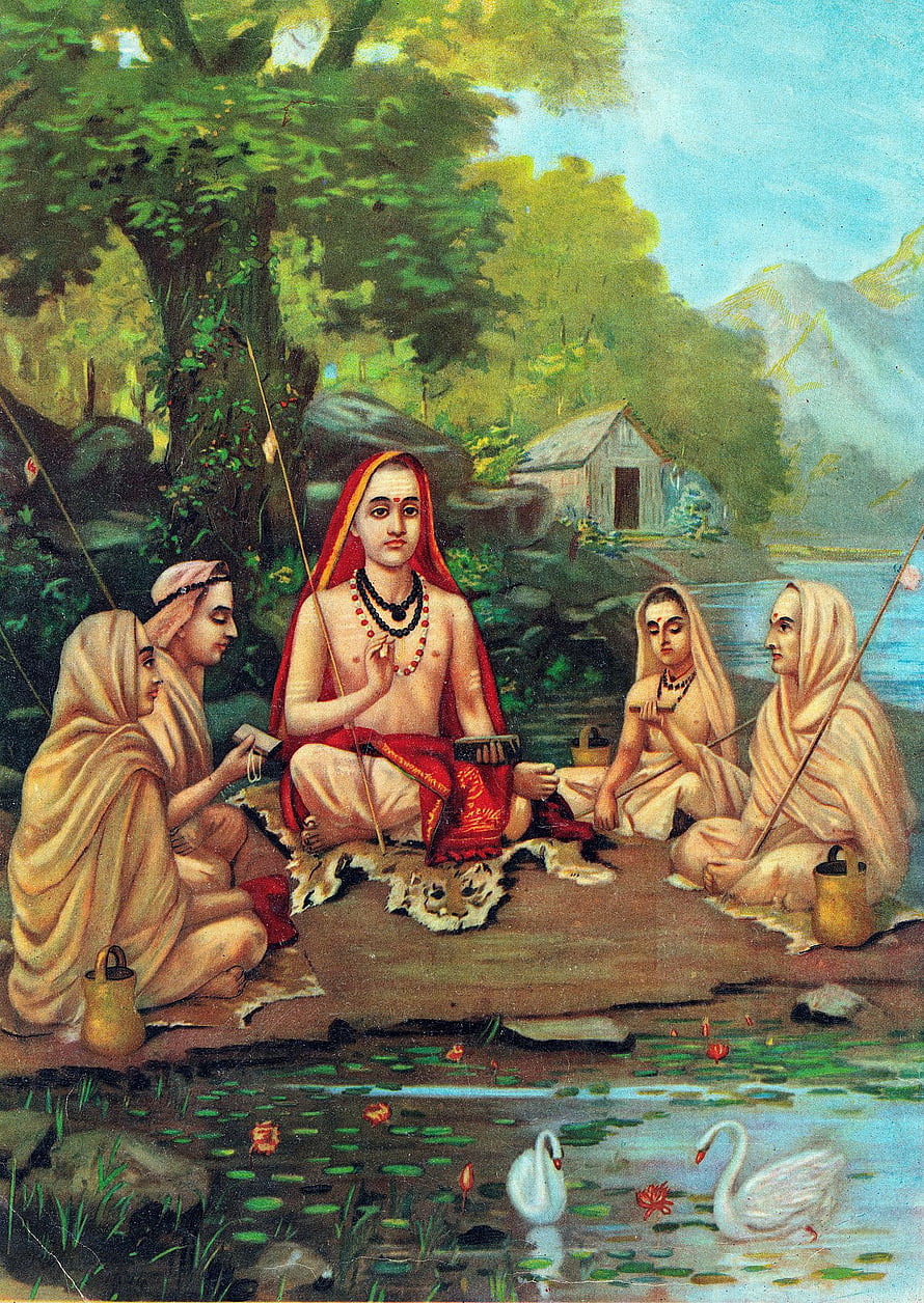 Traditional Indian painting of a sage teaching disciples by a river with swans HD phone wallpaper
