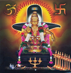 Ayyappa Swamy Temple Idol with Flower Garland and Oil Lamps HD phone wallpaper