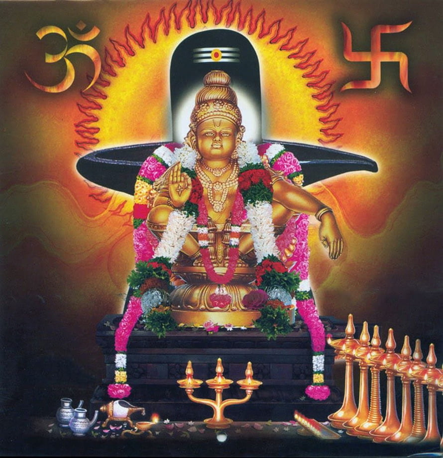 Ayyappa Swamy Temple Idol with Flower Garland and Oil Lamps HD phone wallpaper