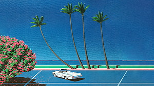 Hiroshi Nagai Retro Illustration of a Classic Convertible in a Tropical Parking Lot HD wallpaper