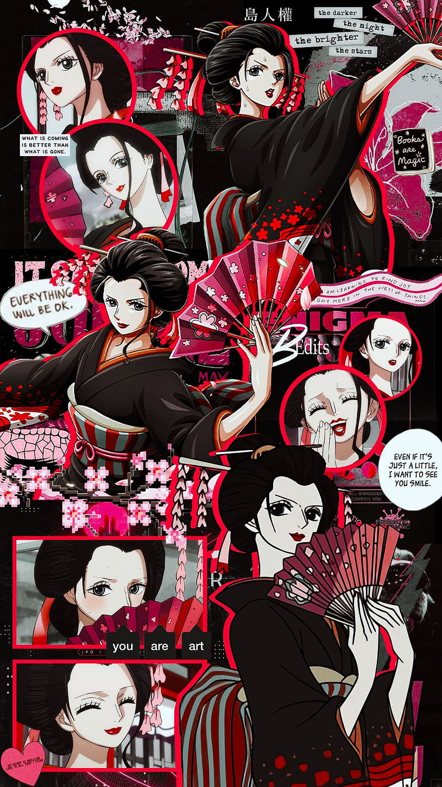 Nico Robin Wano Country Anime Collage Wallpaper with Cherry Blossoms and Fans HD phone wallpaper