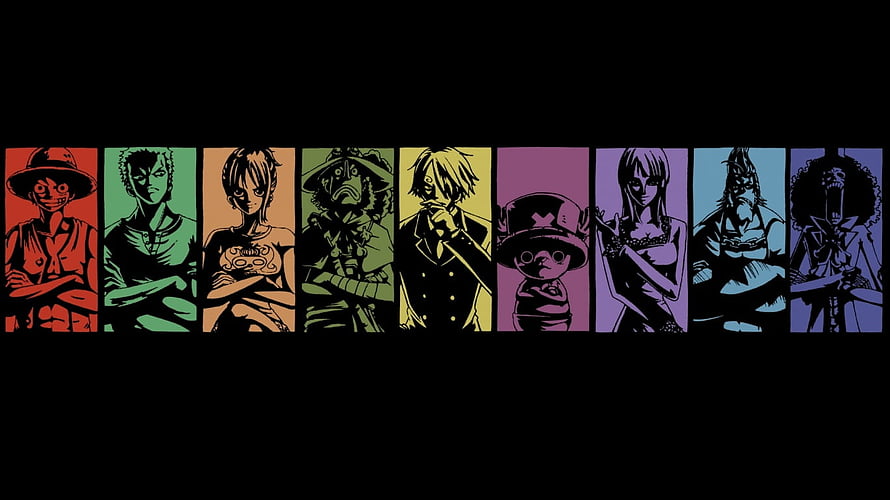 One Piece Straw Hat Pirates Character Lineup in Colorful Pop Art Style HD wallpaper