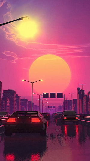 Retro 80s Synthwave Cityscape with Neon Sunset and Rainy Highway Traffic HD phone wallpaper