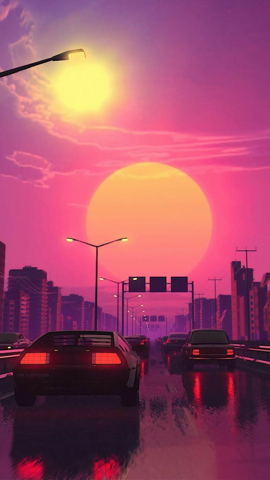 Retro 80s Synthwave Cityscape with Neon Sunset and Rainy Highway Traffic HD phone wallpaper