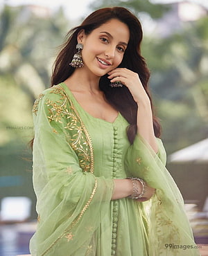 Nora Fatehi in Elegant Green Embroidered Anarkali Suit with Gold Jewelry HD phone wallpaper