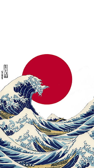 The Great Wave off Kanagawa by Katsushika Hokusai with Japanese Rising Sun HD phone wallpaper