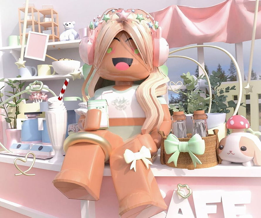 Cute Roblox Girl Character Sitting in a Pastel Pink Cafe with Milkshake and Bunny HD wallpaper