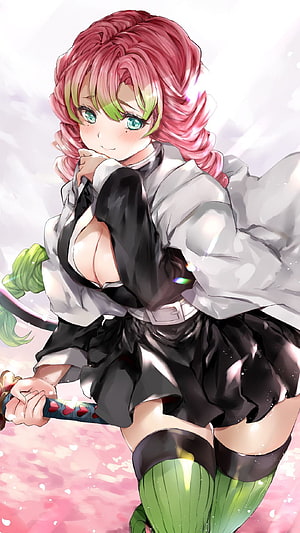 Mitsuri Kanroji from Demon Slayer in a dynamic pose holding a katana with pink and green hair HD phone wallpaper
