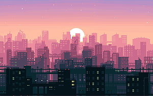 Pixel Art Cityscape at Sunset with Retro Aesthetic and Warm Pink Sky HD wallpaper