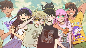 Anime Group Photo With Cat On Head And Camera HD wallpaper