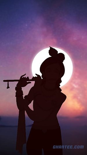 Shri Krishna Silhouette Playing Flute Against Full Moon and Starry Sky HD phone wallpaper