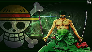 Roronoa Zoro Wielding Three Swords Beside the Straw Hat Pirates Jolly Roger HD wallpaper