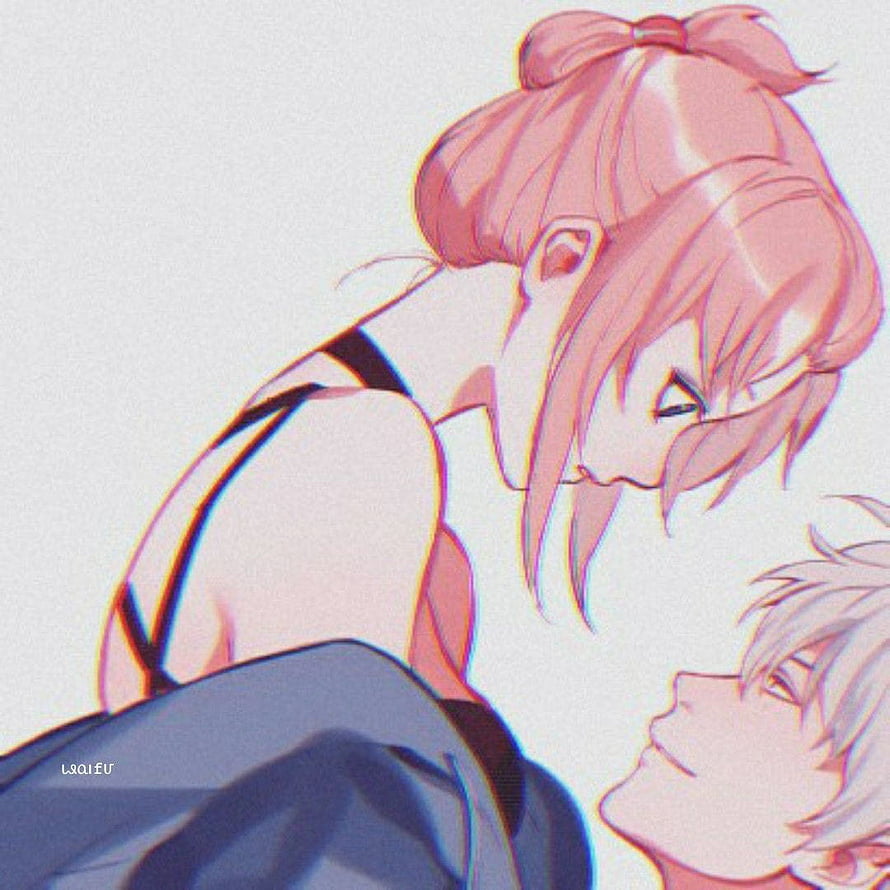 Anime Couple Profile Picture: Intimate Moment Between Pink-Haired Girl and Silver-Haired Boy HD phone wallpaper