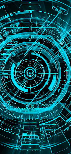 Futuristic Cyan Holographic HUD Display with Concentric Circles and Digital Data Overlays HD phone wallpaper