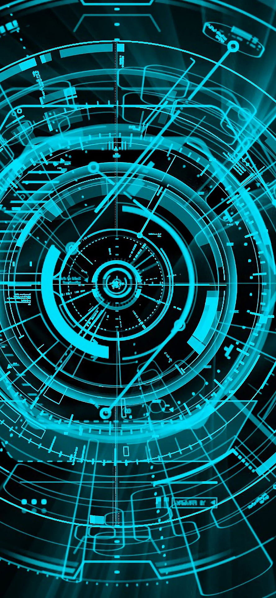 Futuristic Cyan Holographic HUD Display with Concentric Circles and Digital Data Overlays HD phone wallpaper